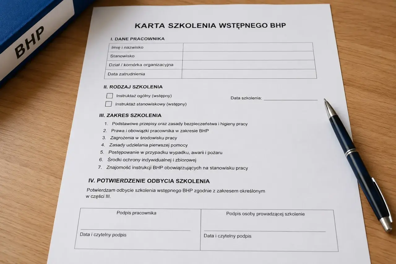 Karta szkolenia wstępnego BHP z polami do wypełnienia danych pracownika, rodzaju i zakresu szkolenia oraz potwierdzenia jego odbycia.