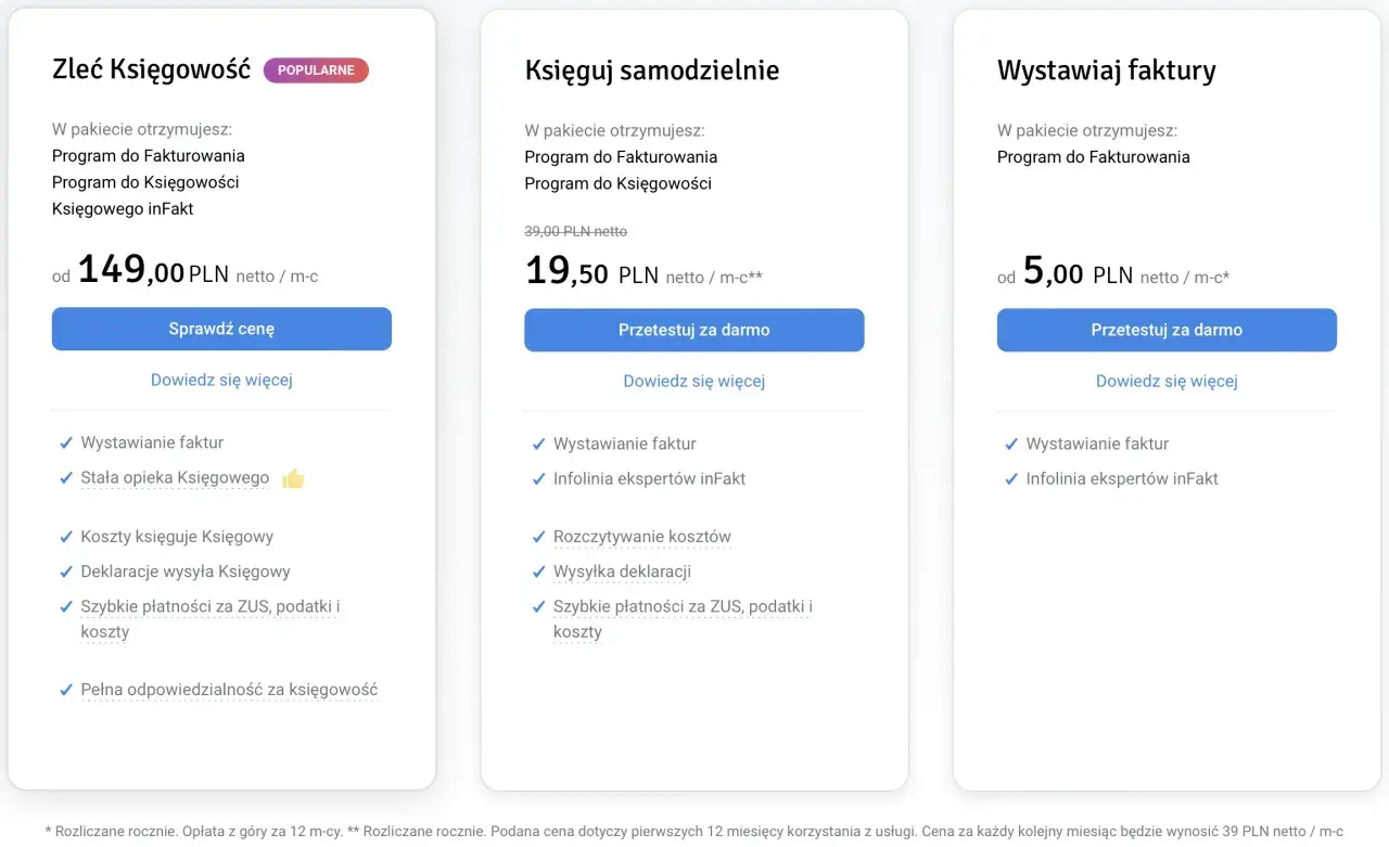 Oferty b2b: Zleć księgowość od 149 zł netto/m-c, księguj samodzielnie od 19,50 zł netto/m-c, wystawiaj faktury od 5 zł netto/m-c.