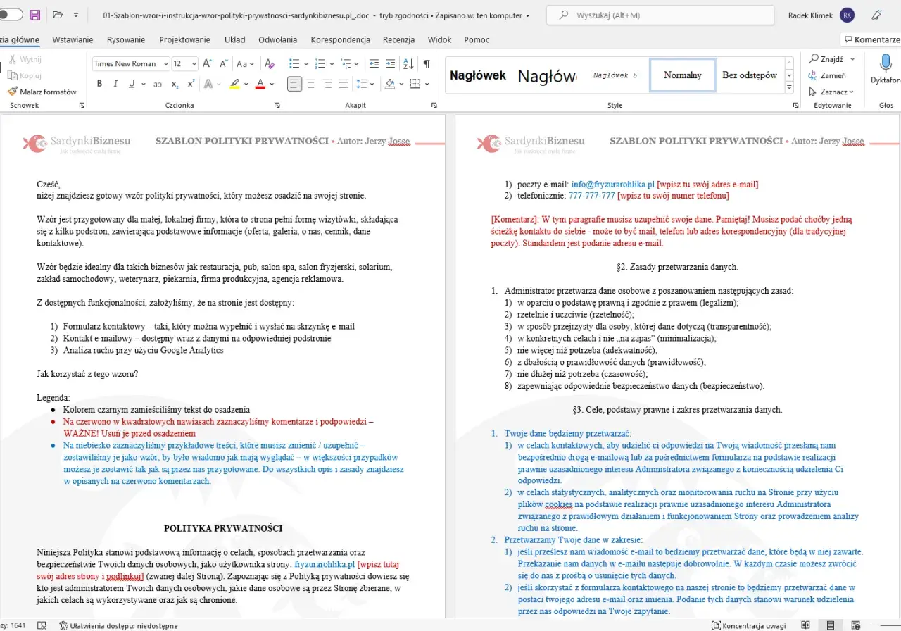Gotowy wzór polityki prywatności dla firm. Dokument zawiera instrukcje i przykładowe treści, które pomogą stworzyć politykę prywatności wzór.