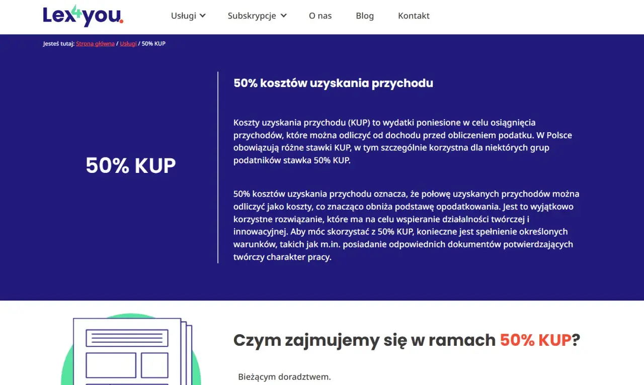 50% kosztów uzyskania przychodu (KUP) to ulga podatkowa dla twórców i innowatorów. Pozwala odliczyć połowę przychodów od dochodu.