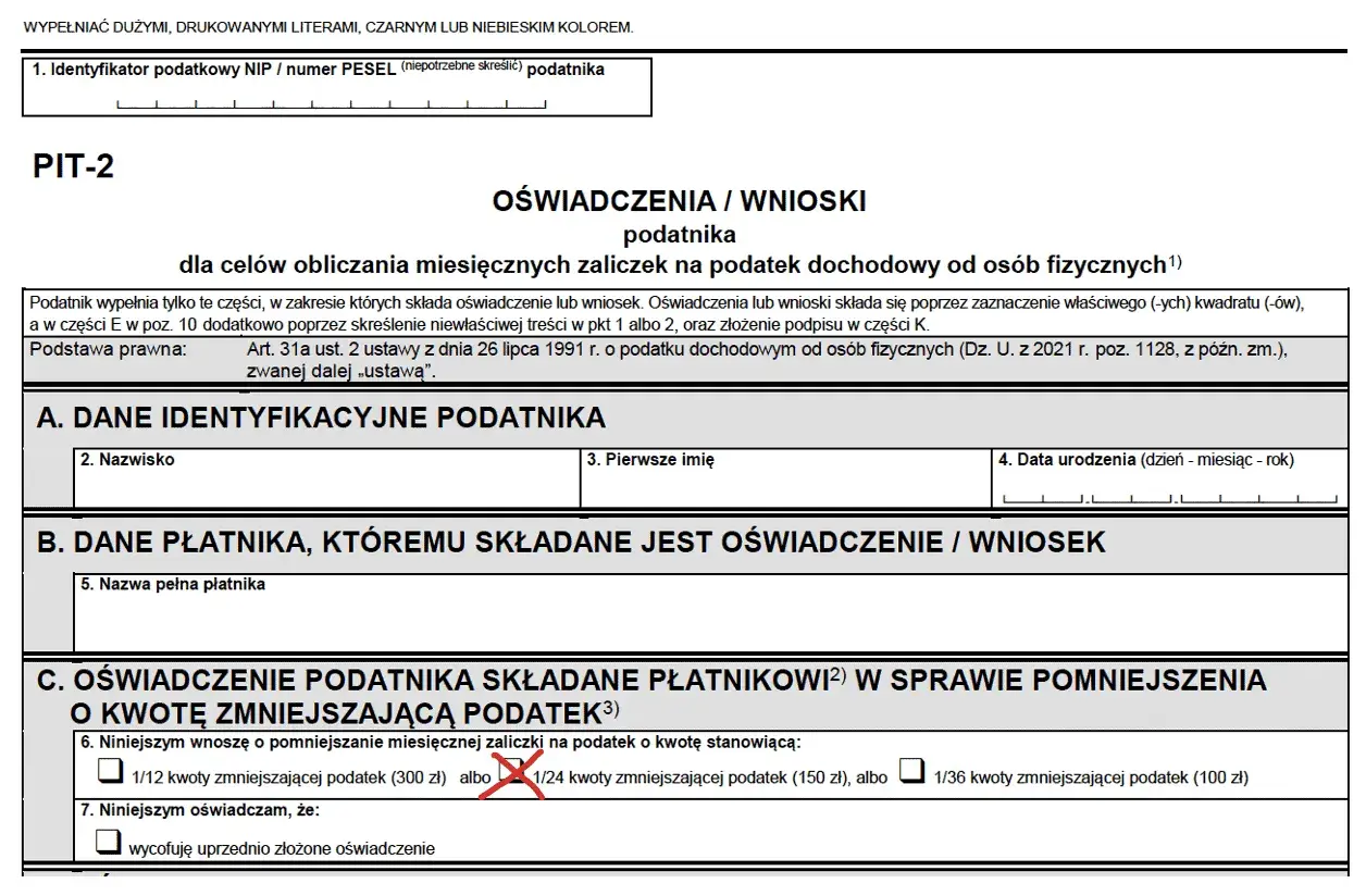 Formularz PIT-2, sekcja C: oświadczenie o pomniejszeniu zaliczki na podatek o kwotę zmniejszającą podatek. Zaznaczono 1/24 kwoty zmniejszającej podatek.