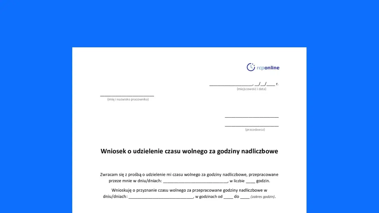 Wniosek o udzielenie czasu wolnego za nadgodziny, zgodny z kodeksem pracy. Formularz do wypełnienia przez pracownika i pracodawcę.