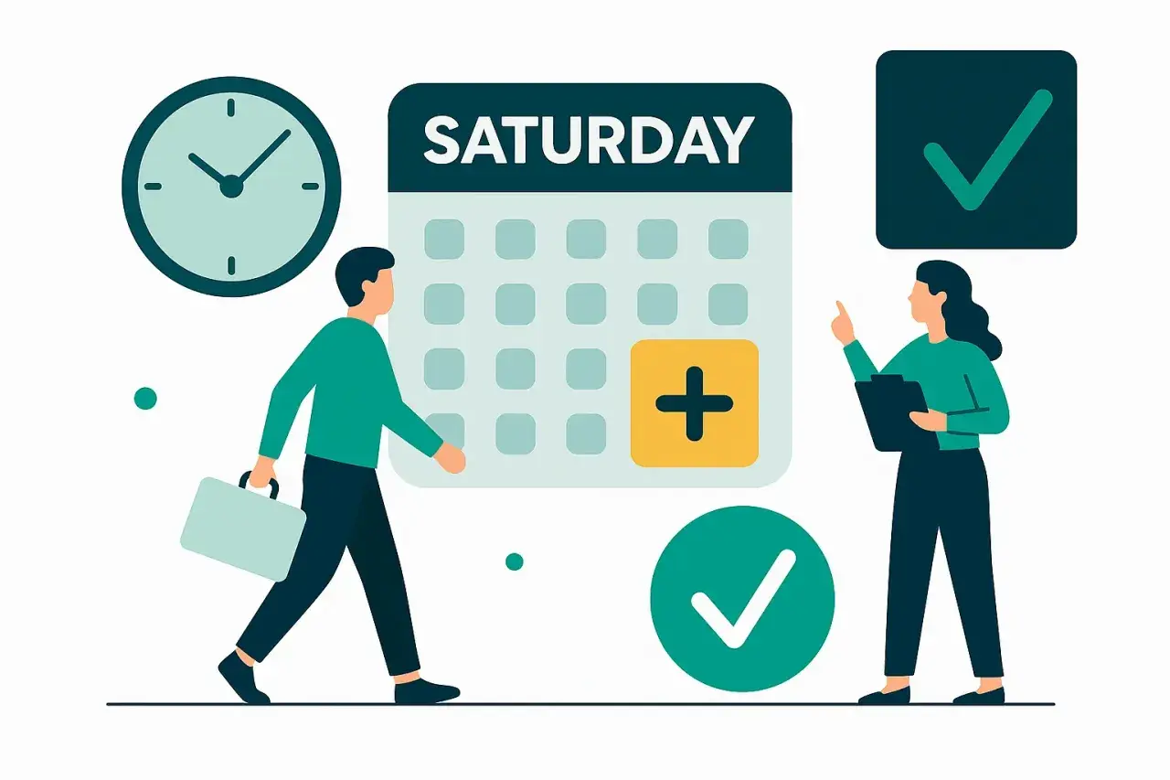 Pracownik z walizką idzie do kalendarza z napisem "SATURDAY" i symbolem plusa. Obok kobieta z notatnikiem wskazuje na zielony znaczek. Ile płatne nadgodziny?