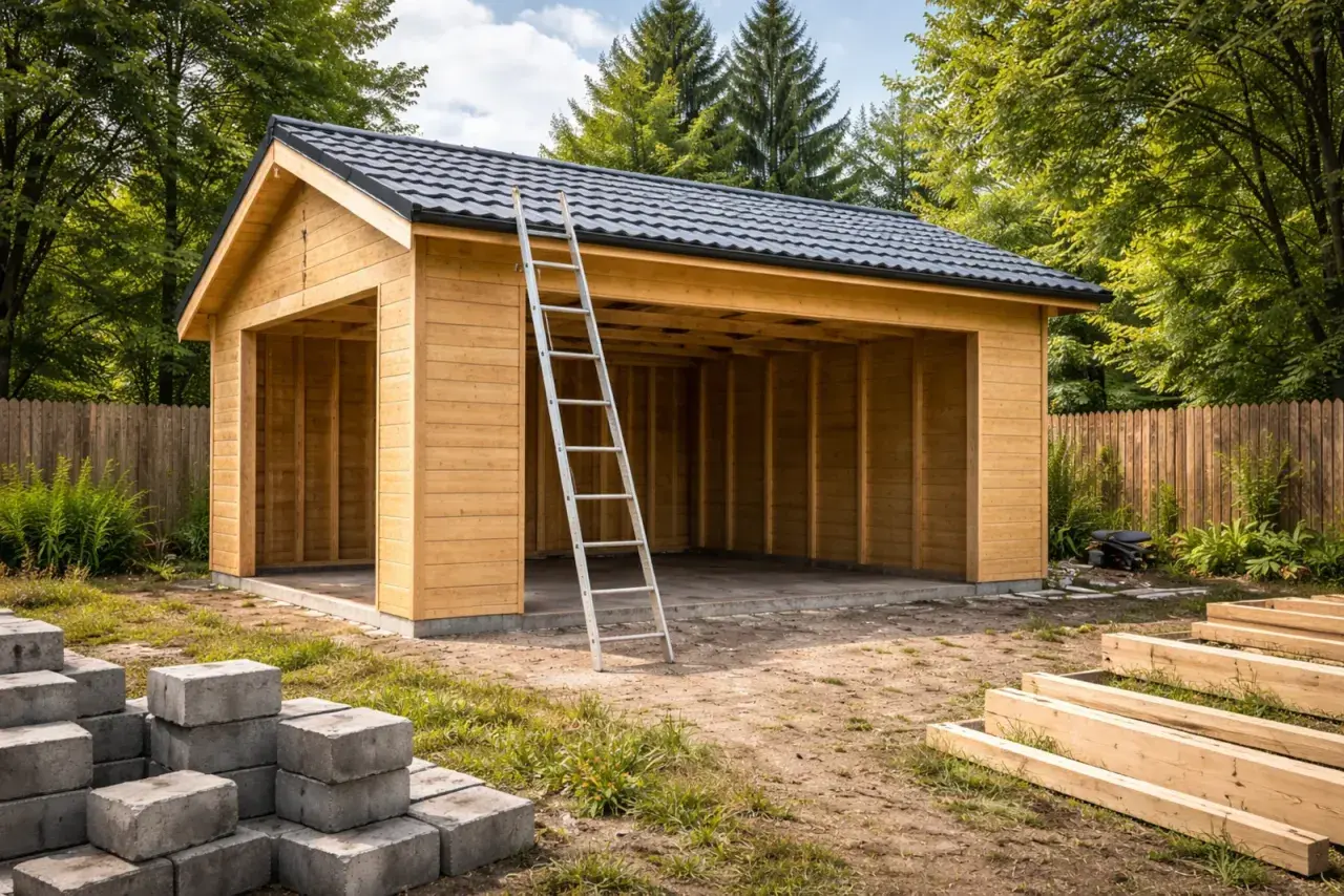 Drewniany garaż bez pozwolenia w budowie, z drabiną opartą o ścianę. Wokół materiały budowlane: betonowe pustaki i drewniane belki.