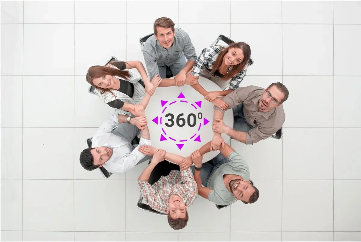 Zespół ludzi trzyma się za ręce, tworząc krąg. Symbol 360° sugeruje kompleksową ocenę lub współpracę.