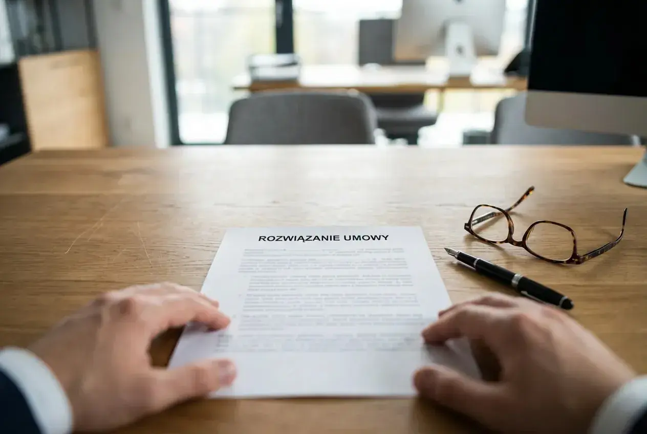 Dłoń nad dokumentem "Rozwiązanie umowy". Obok pióro i okulary. Czas na formalne odstąpienie od umowy.