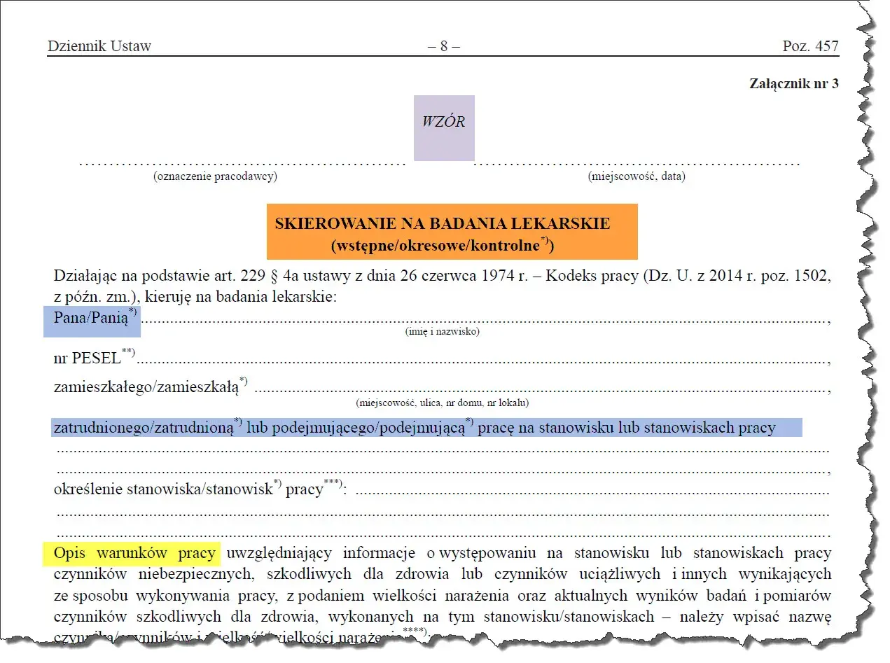 Skierowanie na badania lekarskie, które może być wykonane poza godzinami pracy. Dokument zawiera dane pracownika i opis warunków pracy.