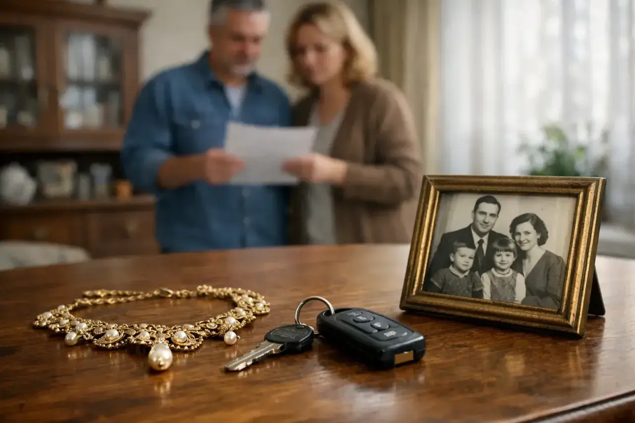 Rodzina analizuje dokumenty, a na stole leżą kluczyki i naszyjnik, symbolizujące wielkość nabywanego udziału w majątku.