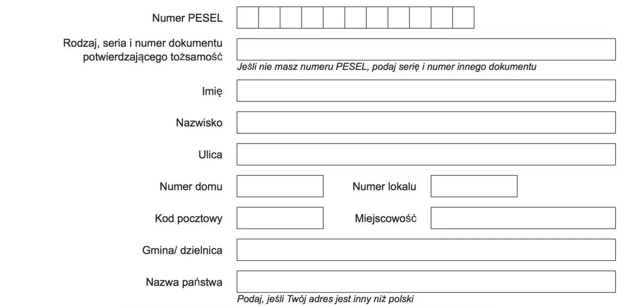 Wzór wypełnionego wniosku o ponowne przeliczenie emerytury, zawierający pola na dane osobowe i adresowe.