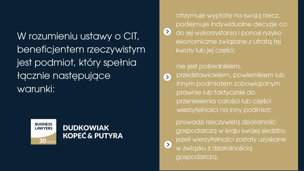 Definicja beneficjenta rzeczywistego w kontekście podatku u źródła: podmiot otrzymujący wypłatę, podejmujący decyzje, niebędący pośrednikiem i prowadzący działalność.