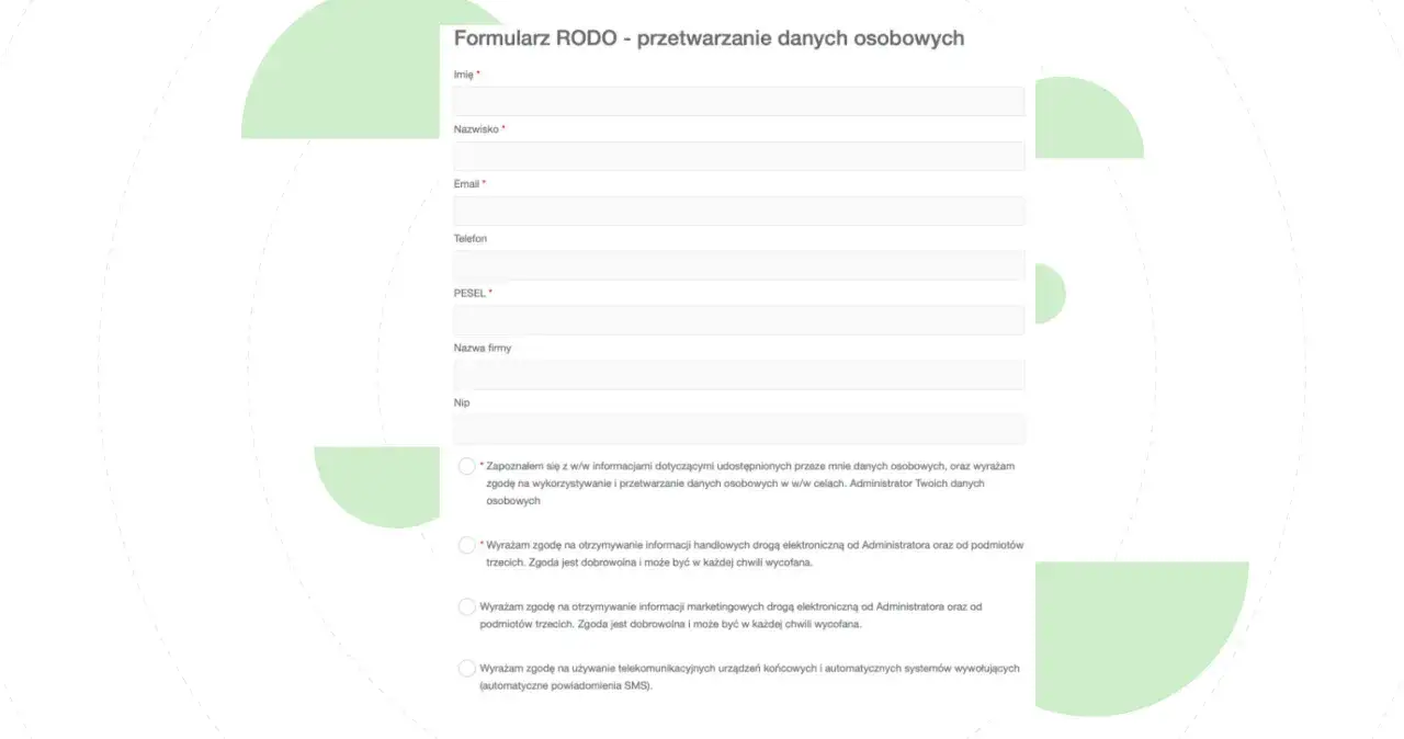 Formularz RODO: zgoda na przetwarzanie danych osobowych, dane kontaktowe, zgody marketingowe i handlowe.
