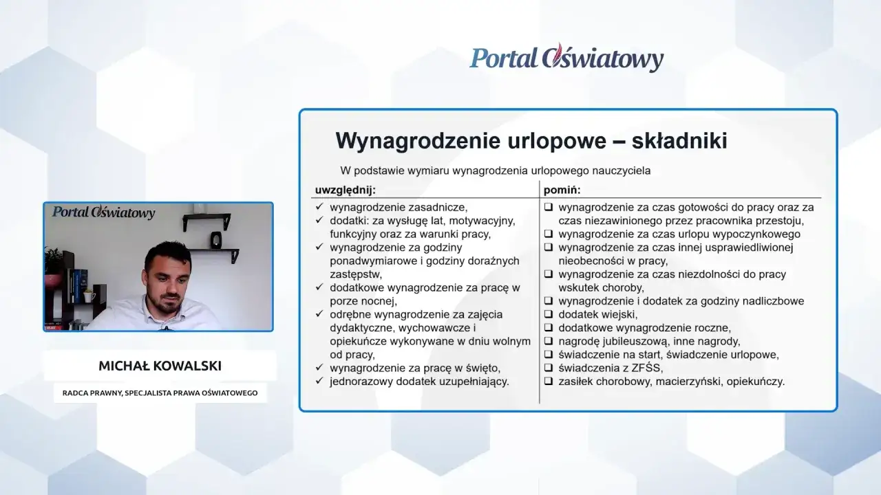 Michał Kowalski omawia składniki wynagrodzenia za urlop nauczyciela, wyjaśniając, co uwzględnia i co pomija się przy jego obliczaniu.