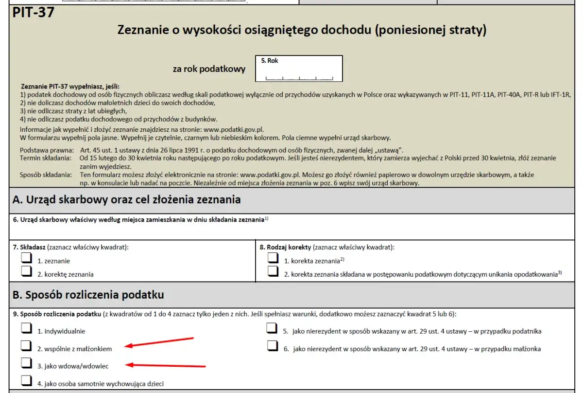 Formularz PIT-37, sekcja B. Spos&oacute;b rozliczenia podatku, opcje: indywidualnie, wsp&oacute;lnie z małżonkiem, jako wdowa/wdowiec. Zaznaczono opcję 