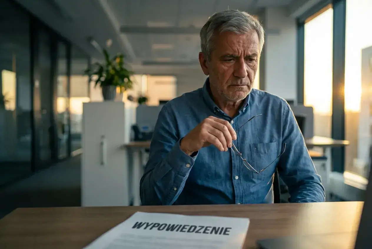 Zamyślony mężczyzna z okularami w dłoni, przed nim dokument 