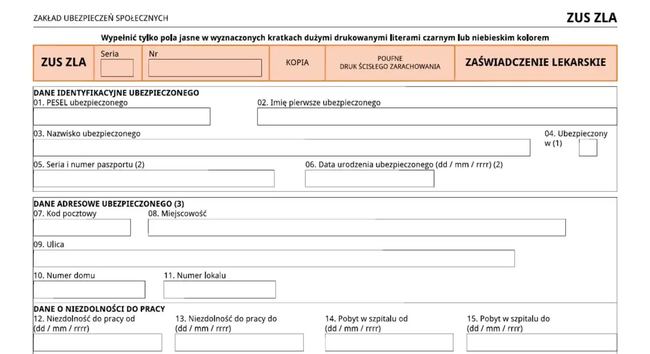 Formularz ZUS ZLA do wypełnienia, gdy zastanawiasz się, ile można być na zwolnieniu lekarskim od psychiatry.