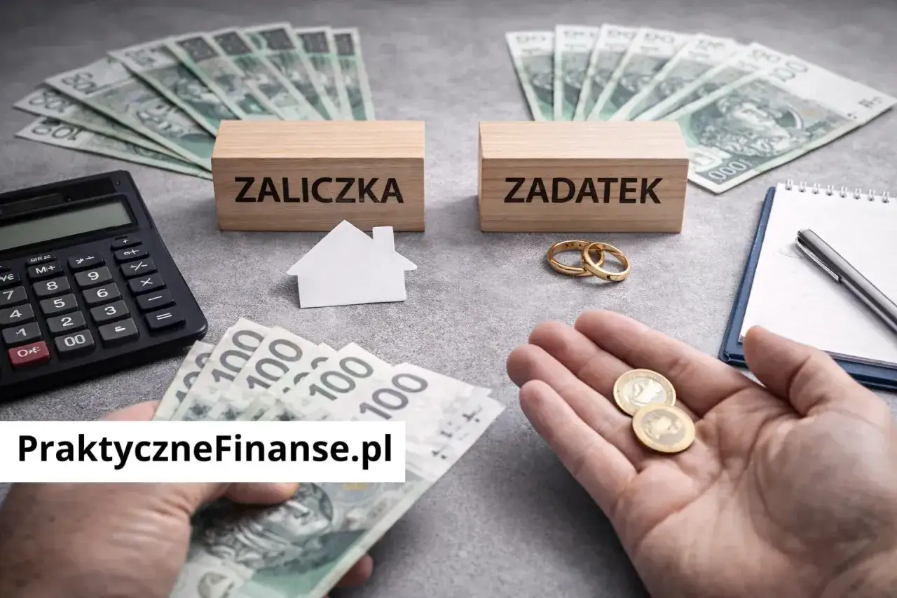 Zaliczka i zadatek &ndash; kluczowe pojęcia przy zakupie domu. Na stole pieniądze, kalkulator, obrączki i symbol domu.