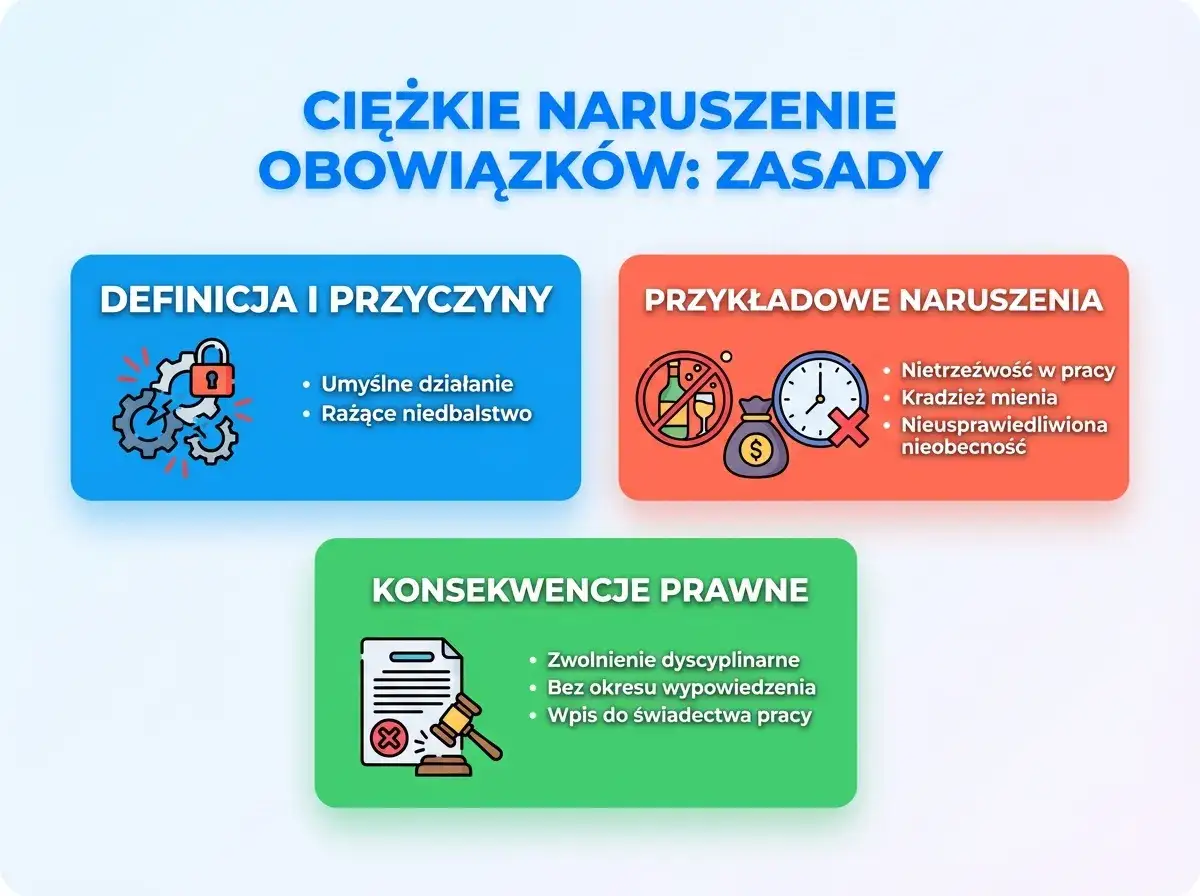 Ciężkie naruszenie obowiązków: przykłady obejmują nietrzeźwość, kradzież i nieusprawiedliwioną nieobecność, które mogą skutkować zwolnieniem dyscyplinarnym.
