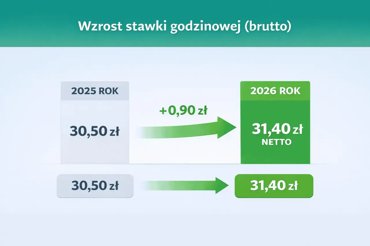 W 2025 roku stawka godzinowa brutto wynosi 30,50 zł. W 2026 roku wzrośnie do 31,40 zł.