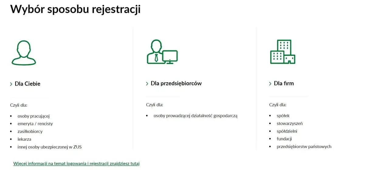 Wybór rejestracji: dla Ciebie (pracujący, emeryci, lekarze), dla przedsiębiorców (działalność gospodarcza) i dla firm (spółki, fundacje). PUE to system do tych rejestracji.