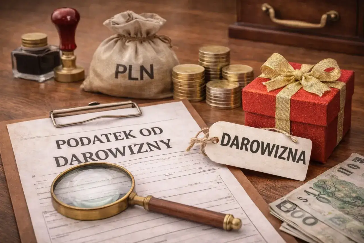 Dokumenty, lupa i prezent symbolizują podatek od darowizny mieszkania. Stos monet i worek z napisem PLN sugerują finansowy aspekt transakcji.