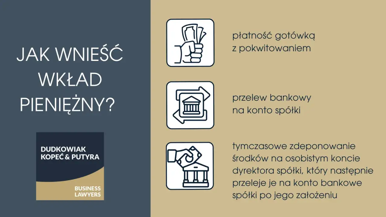 Jak wnieść wkład pieniężny? Metody: got&oacute;wka z pokwitowaniem, przelew na konto sp&oacute;łki, tymczasowe zdeponowanie środk&oacute;w na koncie dyrektora. Podwyższenie kapitału zakładowego.