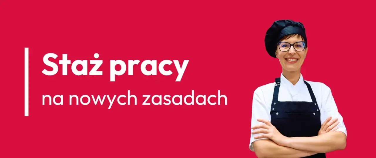 Uśmiechnięta kucharka w fartuchu i czapce. Napis: 