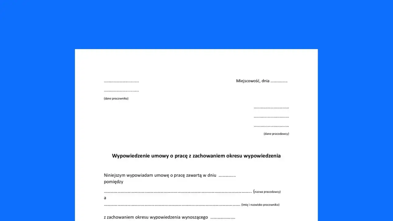Formularz wypowiedzenia umowy o pracę. Dokument zawiera pola na dane pracownika i pracodawcy, datę oraz powód zakończenia zatrudnienia.