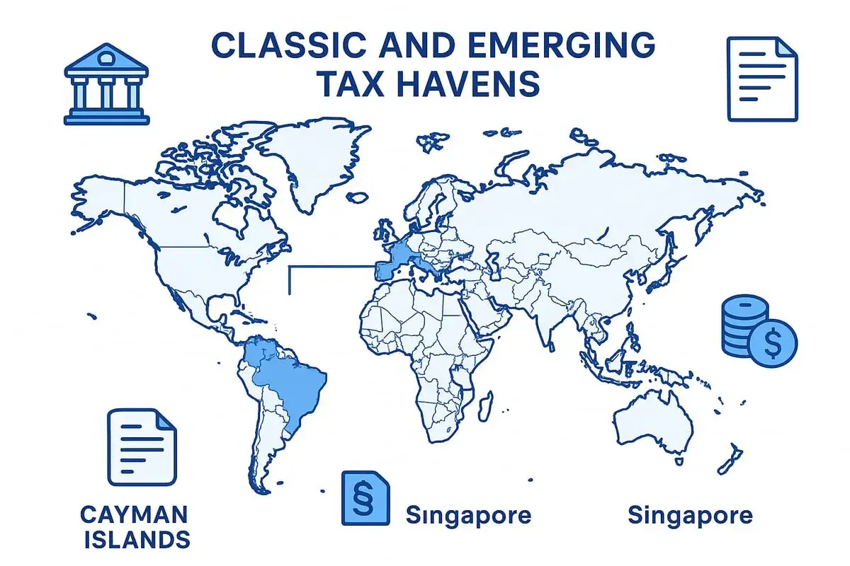 Mapa świata z zaznaczonymi krajami będącymi rajami podatkowymi, takimi jak Kajmany i Singapur.