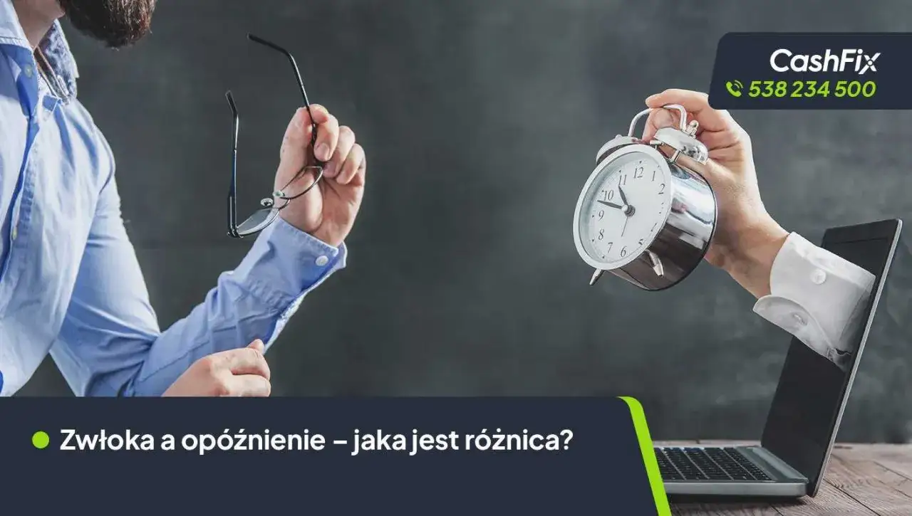 Mężczyzna z okularami w ręku i budzik wychodzący z laptopa. Czy to zwłoka, czy opóźnienie? Czas to pieniądz.