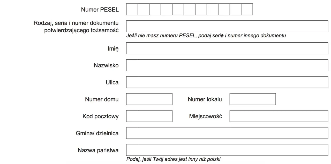 Fragment formularza do wypełnienia: dane osobowe i adresowe, numer PESEL, seria i numer dokumentu tożsamości. Wzór wypełnionego wniosku o ponowne przeliczenie emerytury.