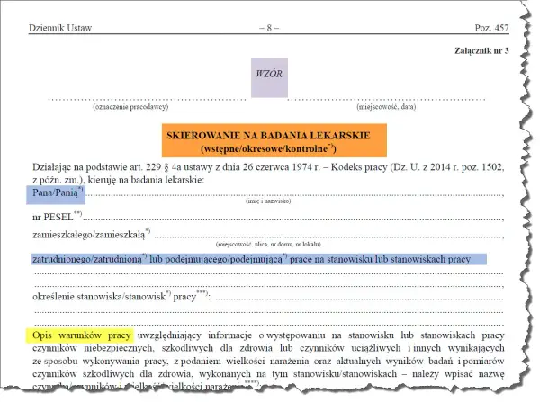 Skierowanie na badania lekarskie, które może być wykonane poza godzinami pracy. Dokument zawiera dane pracownika i opis warunków pracy.